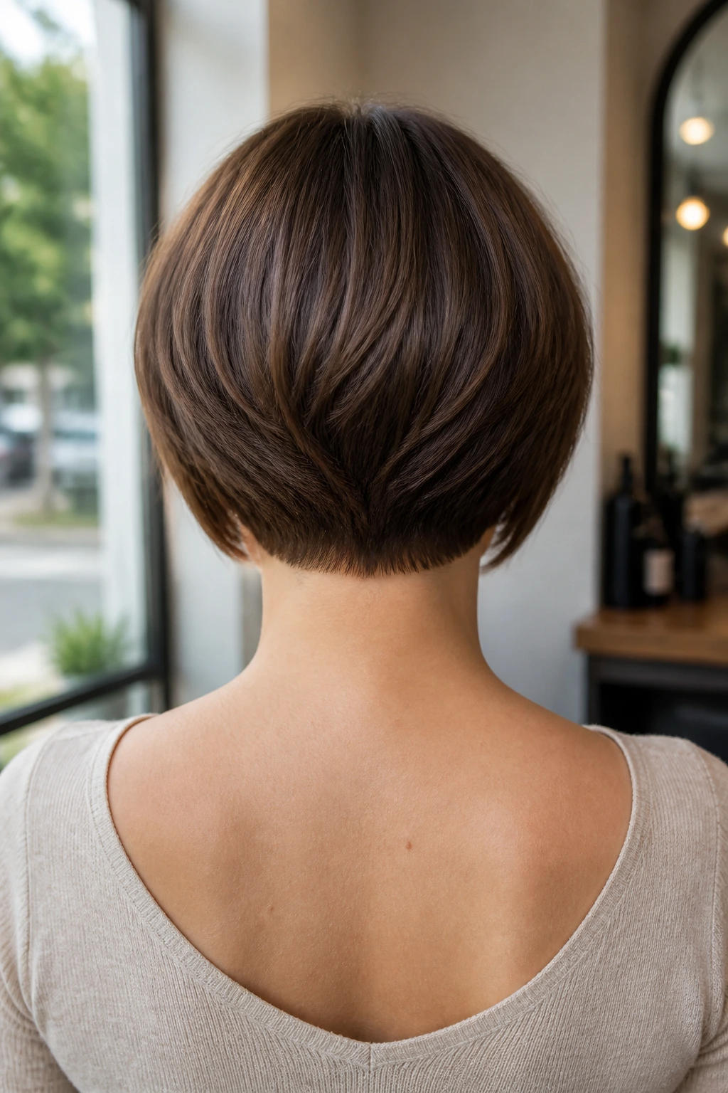Back view of a real woman with rounded tapered graduation bob at the nape