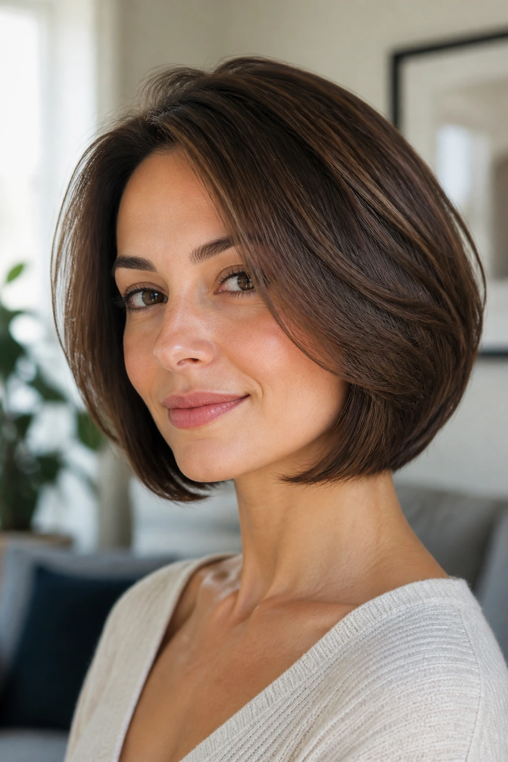 Close-up of rounded internal-layered bob on a real woman.