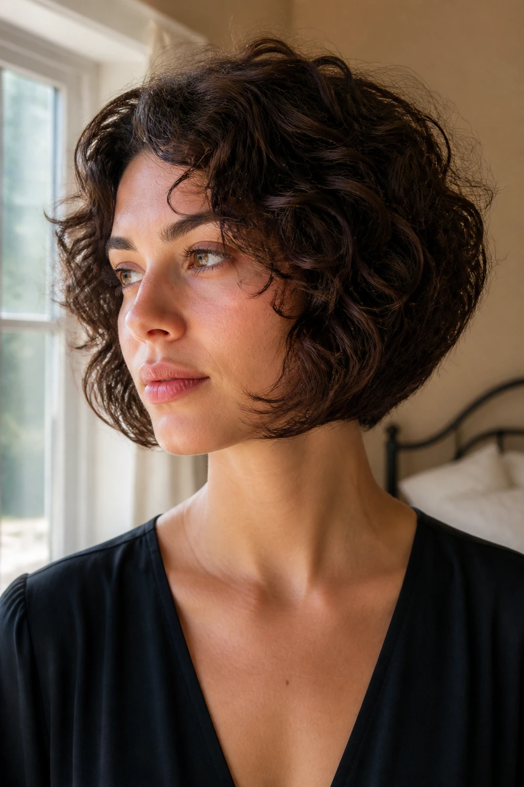 Close-up of a woman with a rounded inverted bob and soft contour.