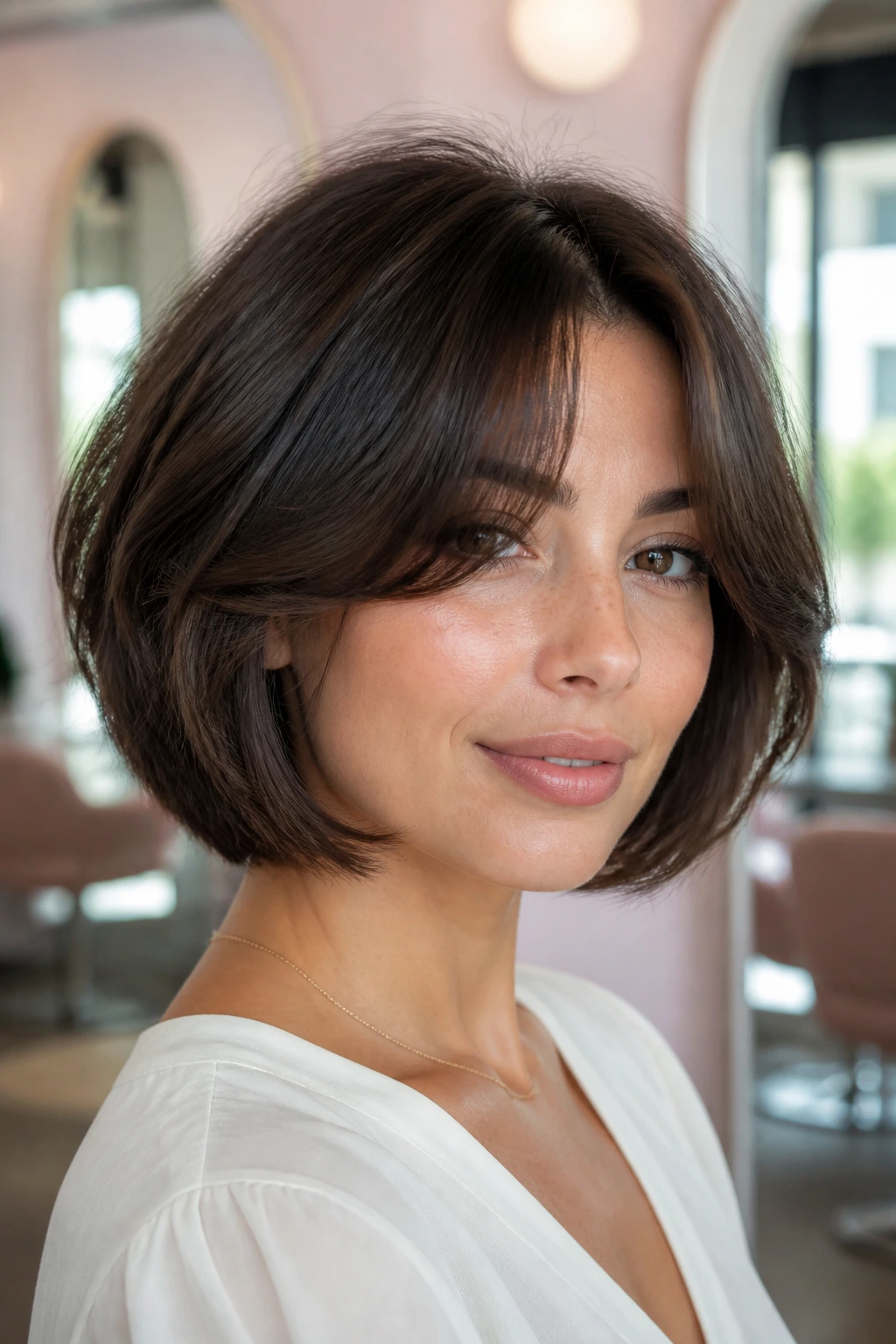 Close-up of a woman with rounded Italian bob and curtain bangs in bright salon light