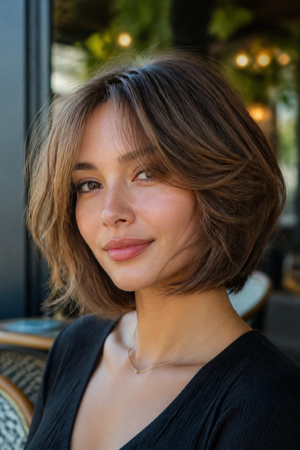 Close-up portrait of a woman with rounded layered bob and feathered ends