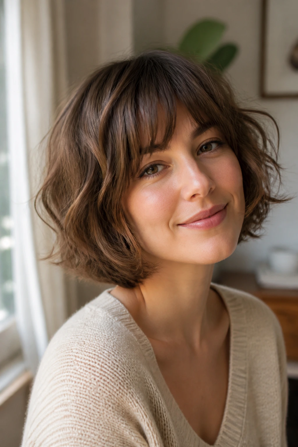 Medium close-up of a real woman with a rounded soft-layered bob in a sunlit room