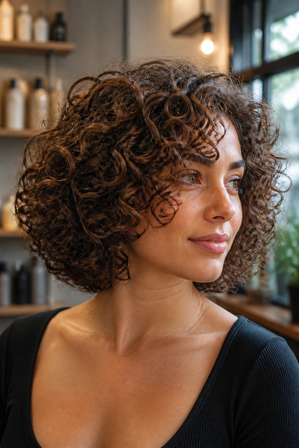 Close-up portrait of a real woman with a rounded layered curly bob