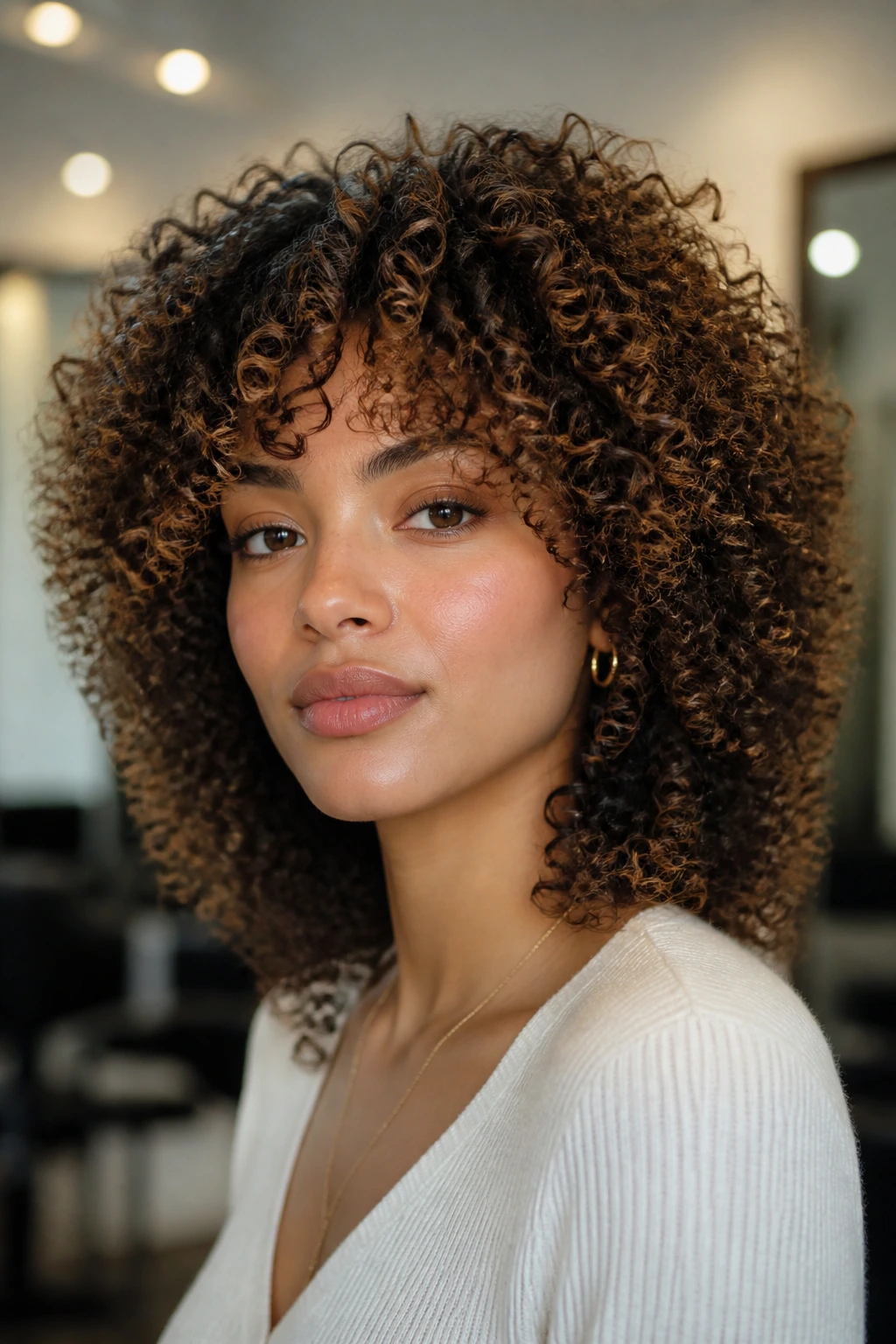 Close-up portrait of a woman with rounded layered curls in a salon.