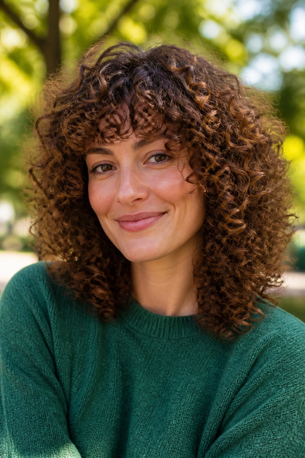Portrait of a real woman with rounded layered curly cut showing defined curls.