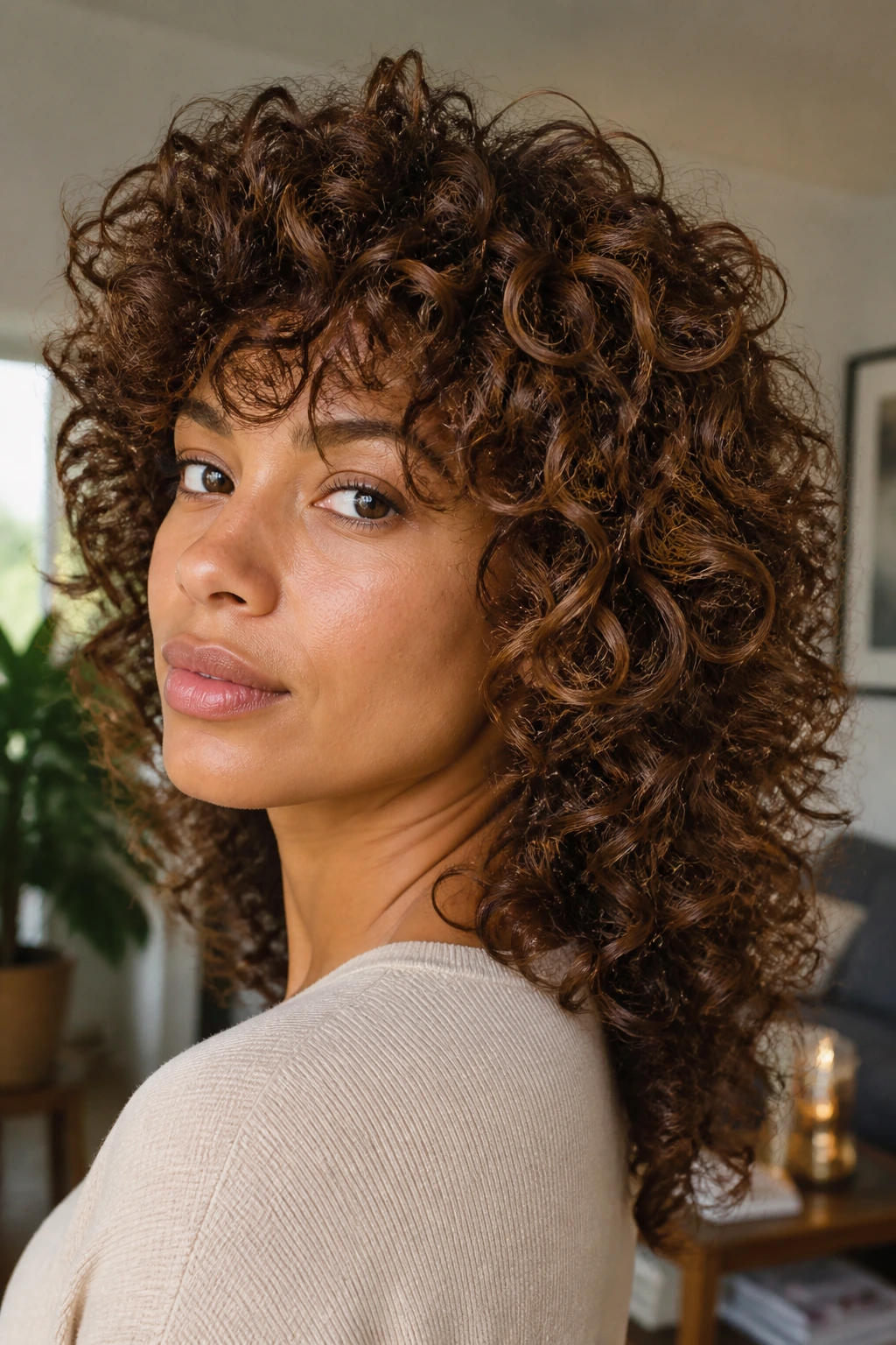 Close-up of a real woman with a rounded layered shag creating halo-volume curls