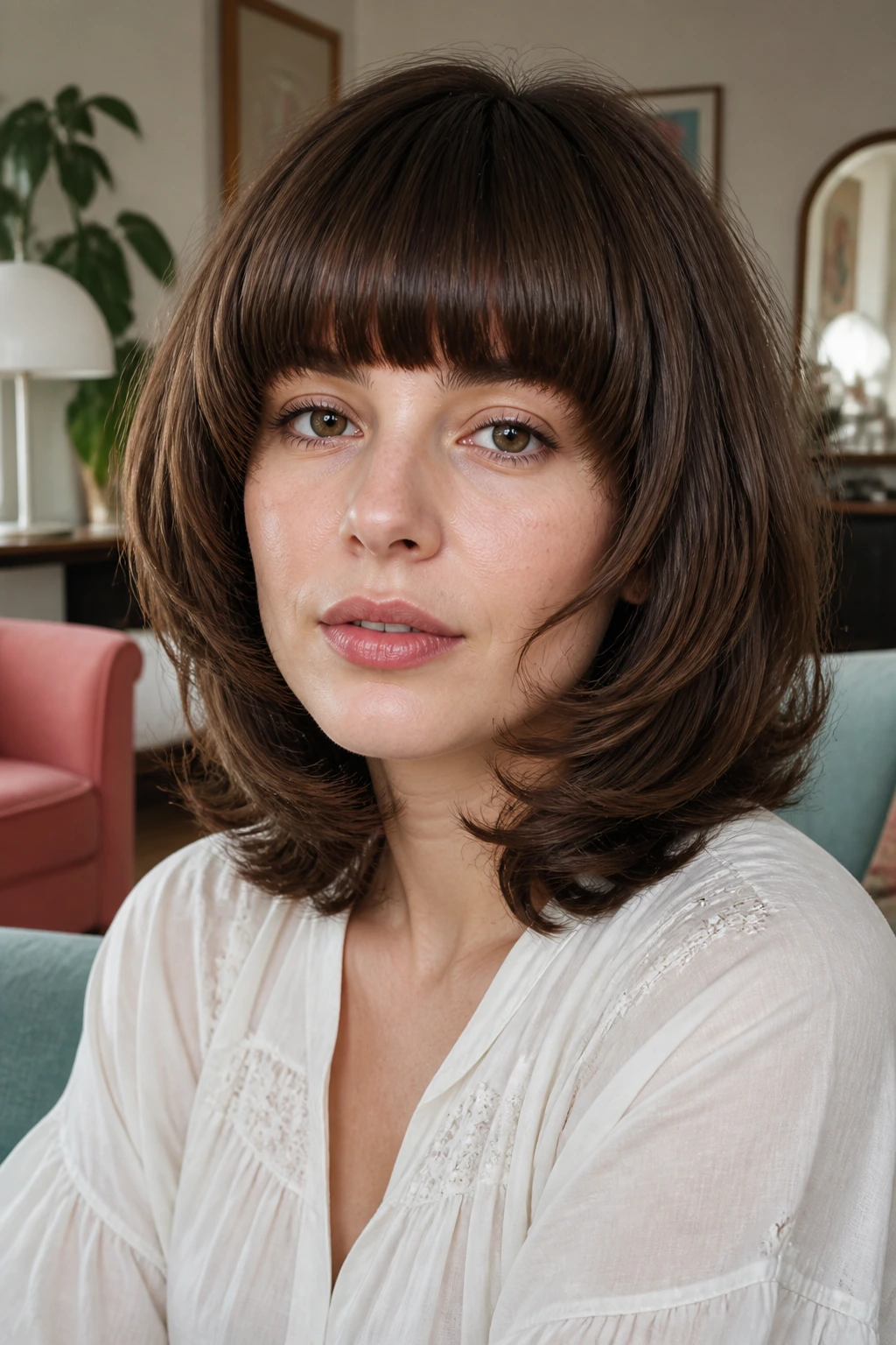 Real woman with rounded retro layers and blunt bangs in a pastel, retro living room