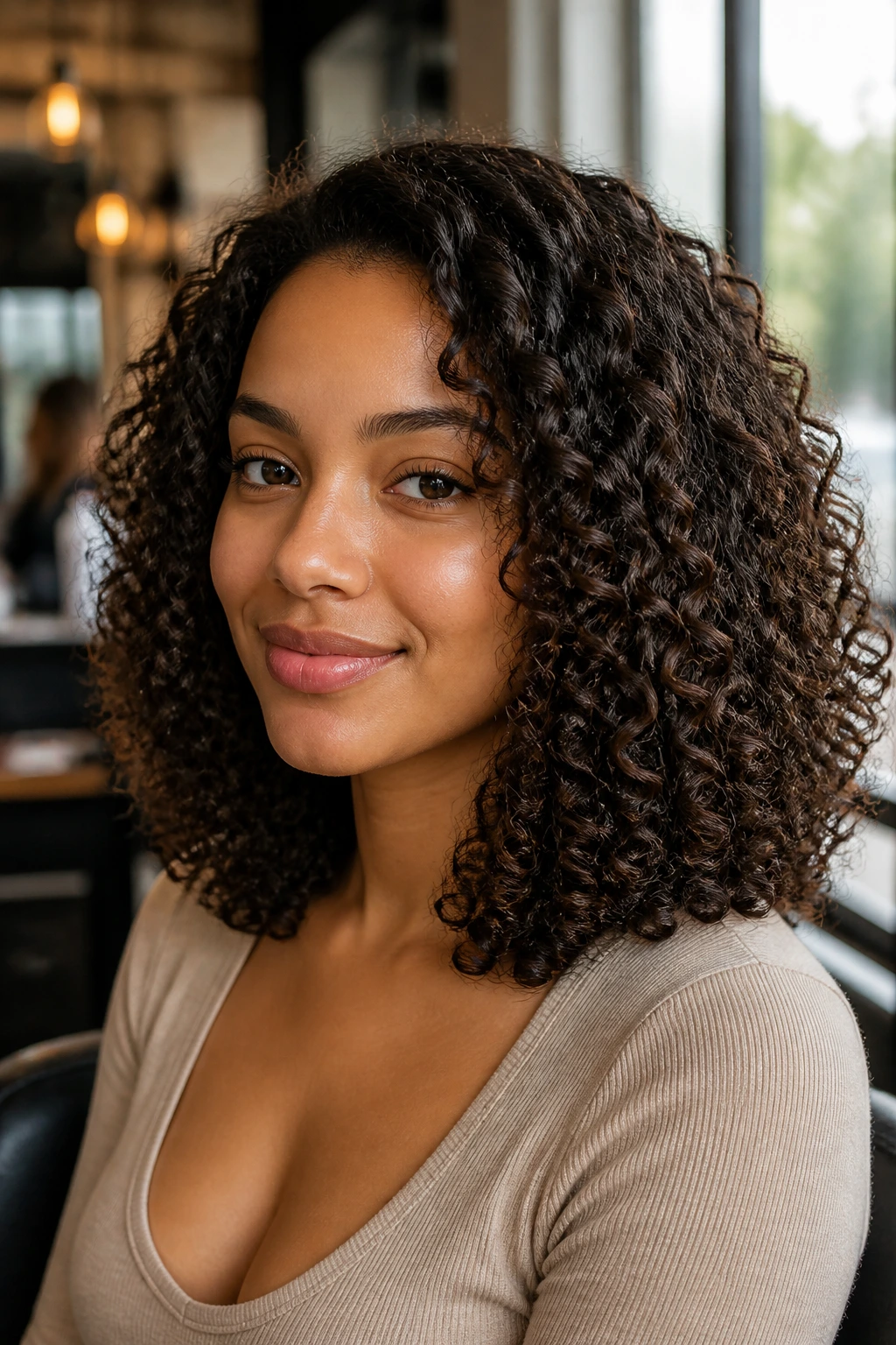 Close-up of a real woman with shoulder-length hair styled in classic rounded layers.