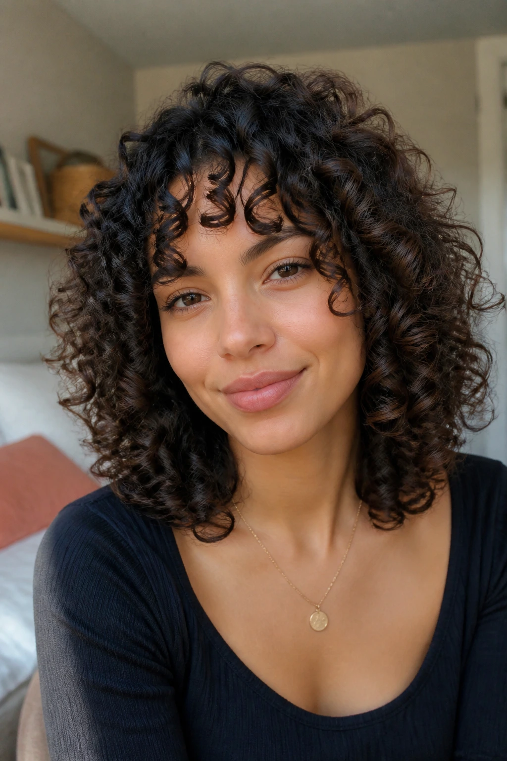 Close-up portrait of a real woman with shoulder-length curls featuring rounded layers.