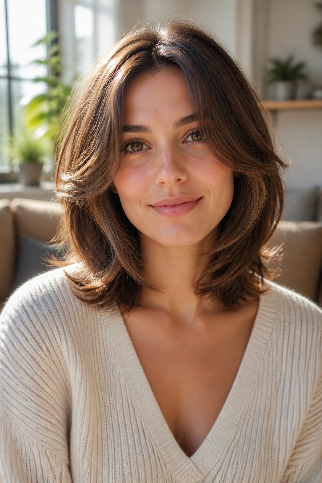 Close-up portrait of a real person with rounded layers haircut