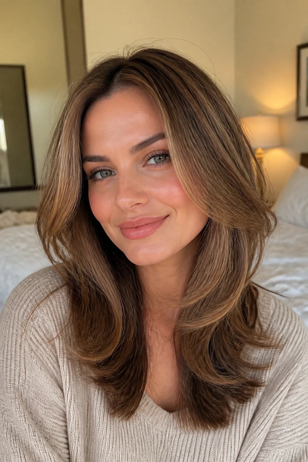 Close-up of a woman with rounded V-cut layers in soft natural light