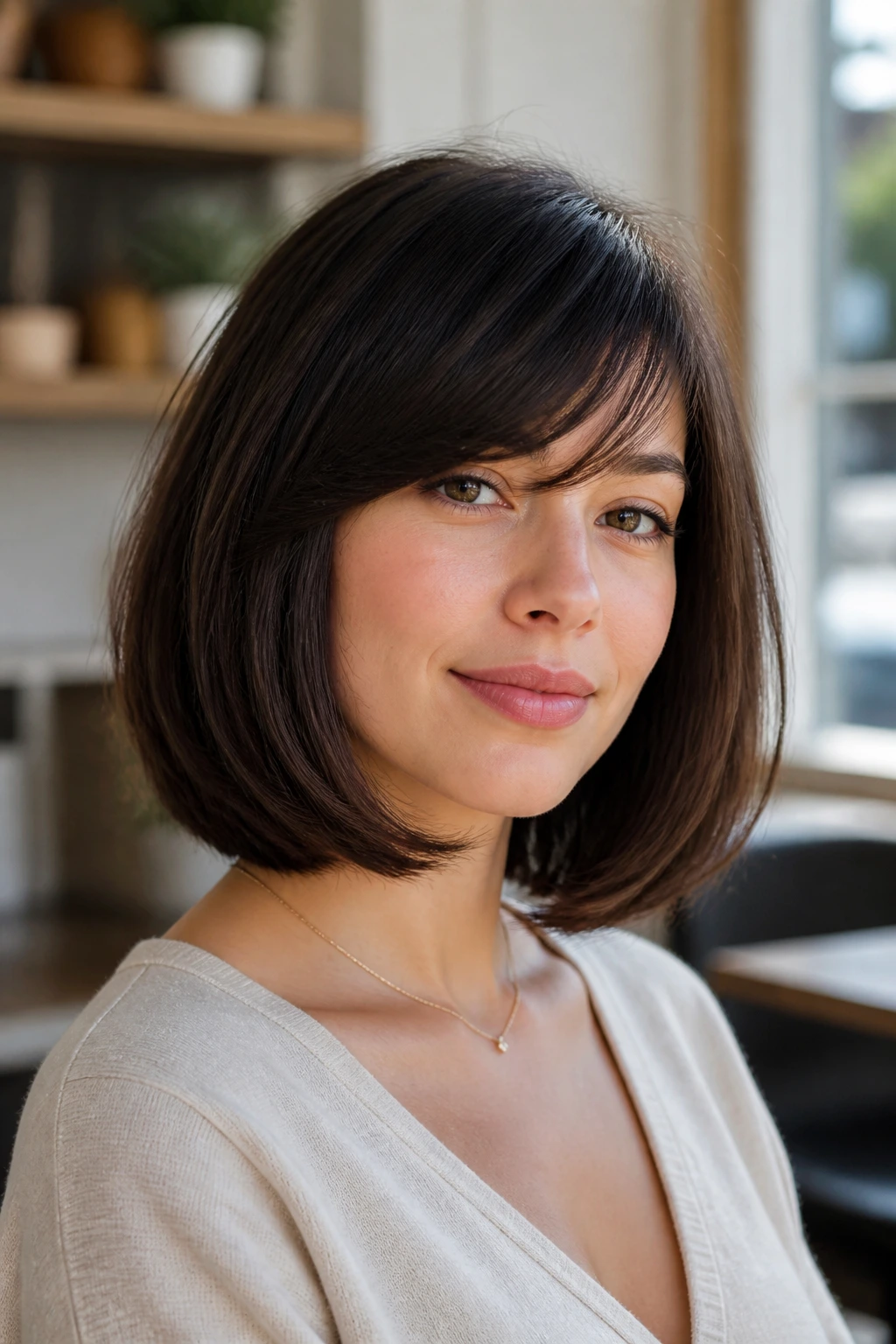 Portrait of a real woman with rounded lob and side-swept fringe in natural light.