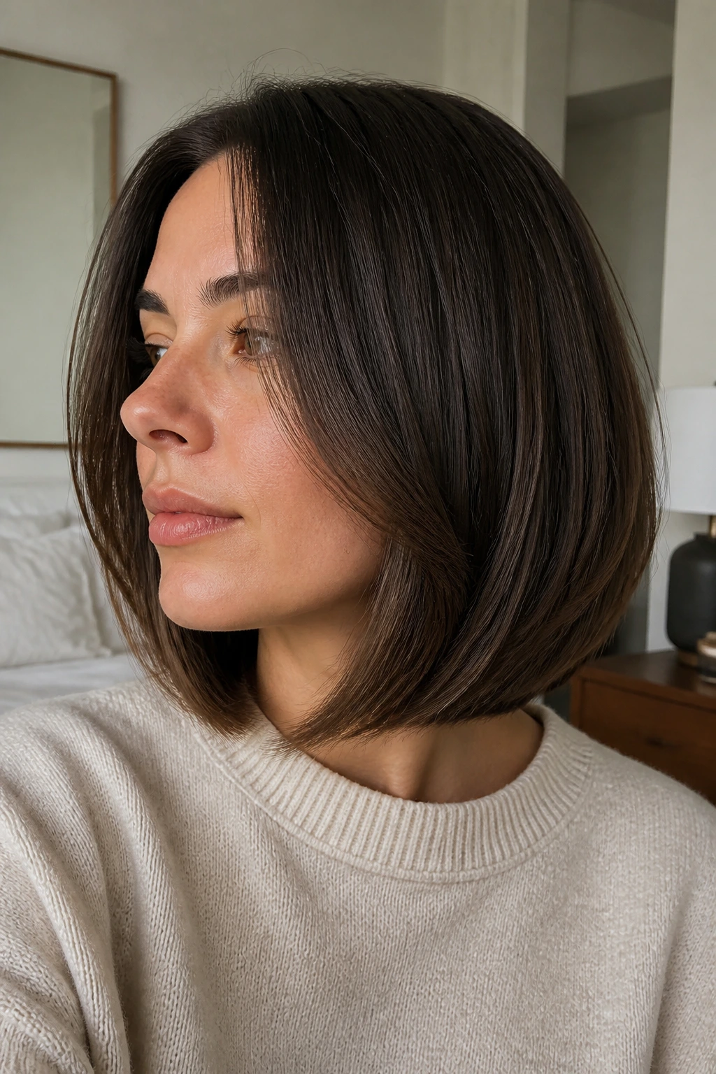 Close-up portrait of a real woman with rounded lob hairstyle in warm bedroom light