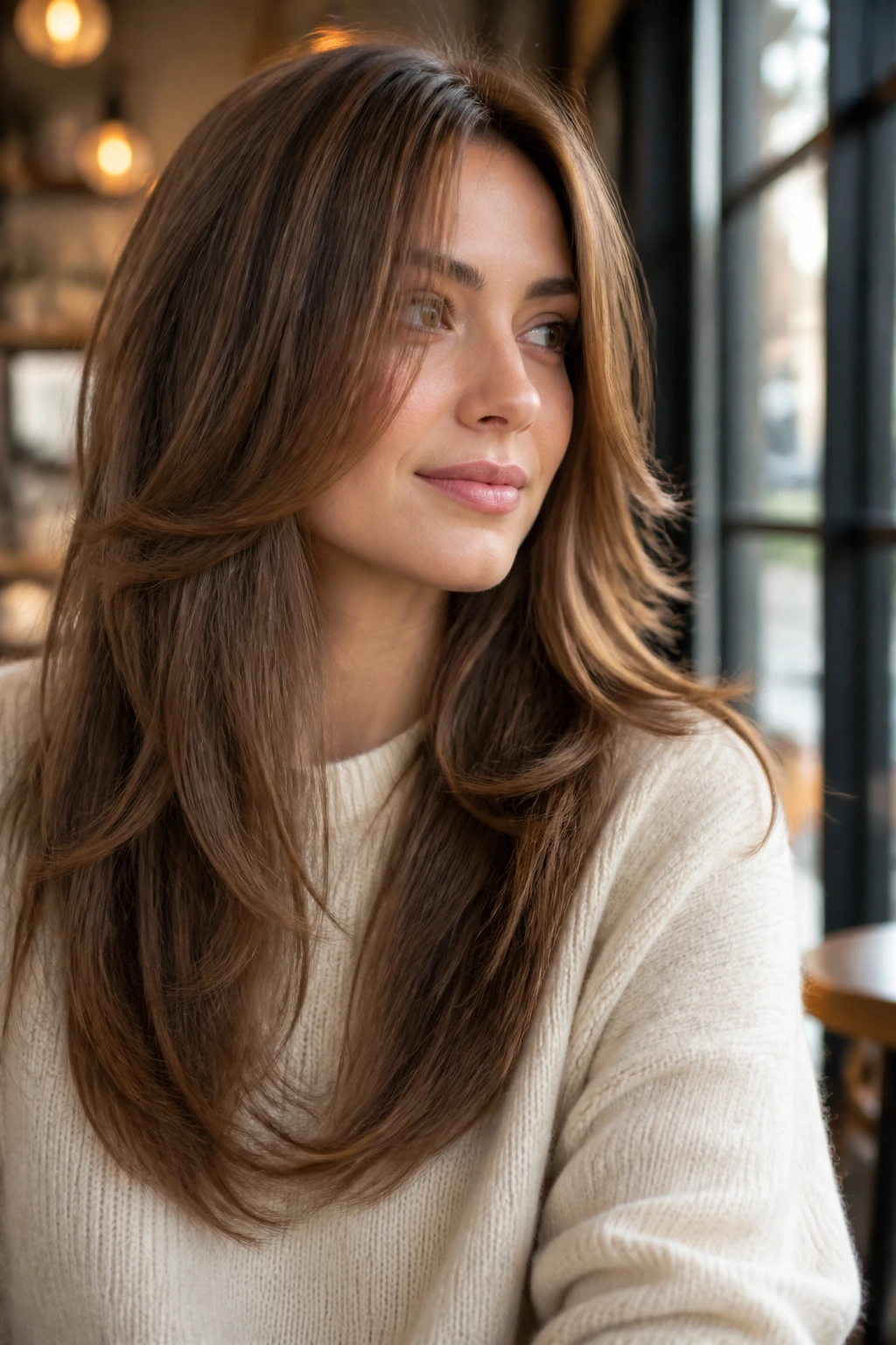 Portrait of a person with rounded long layers framing the face