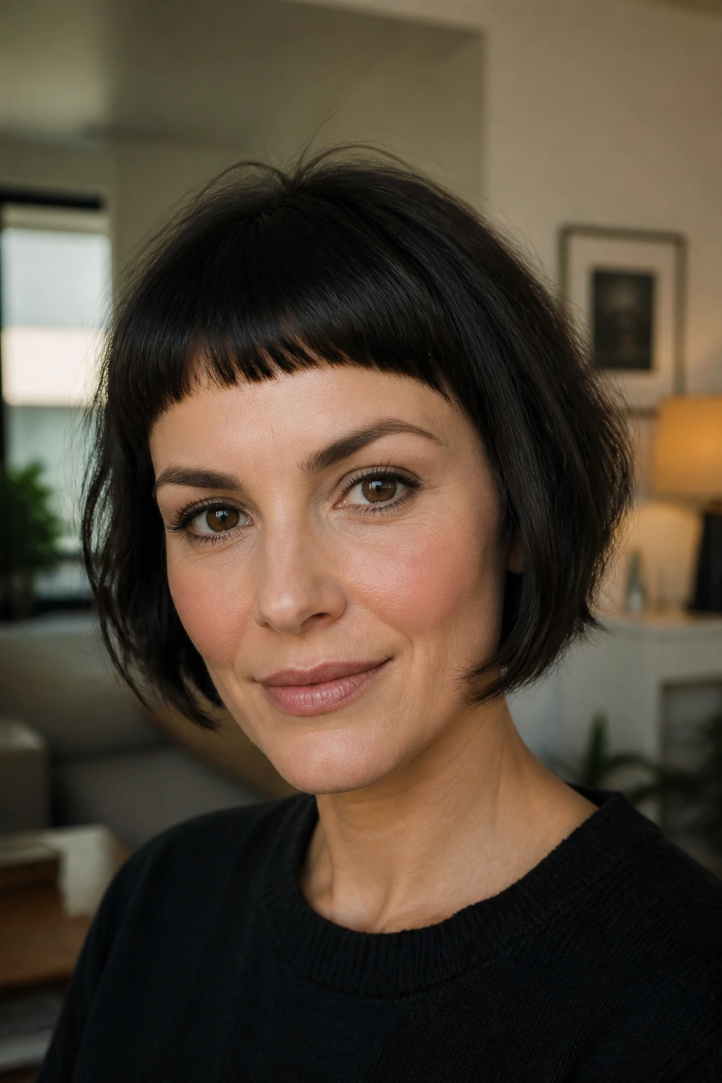 Close-up of a woman with a rounded micro fringe in a modern living room setting.