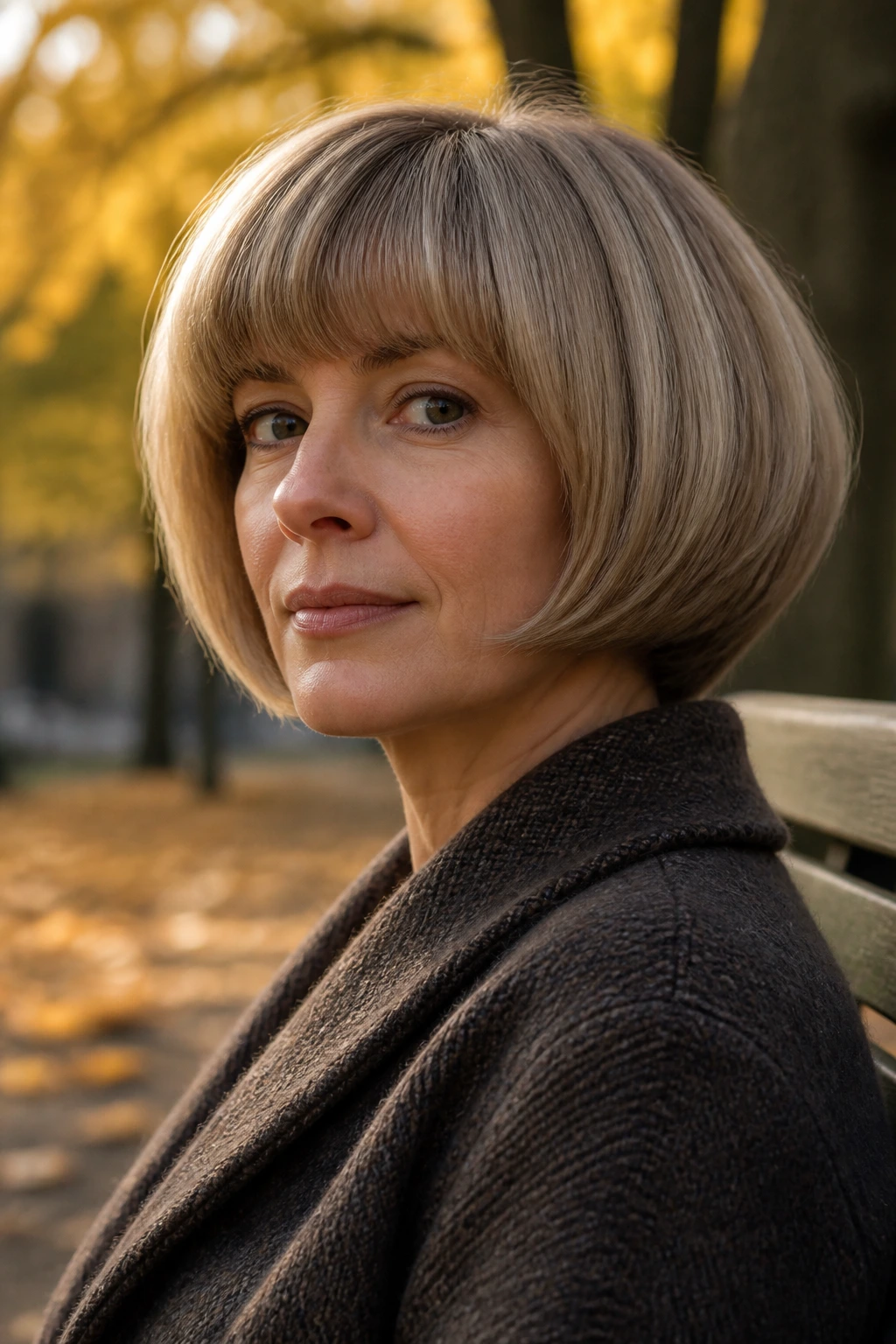 Close-up of a real woman with a rounded mushroom bob in a sunny park