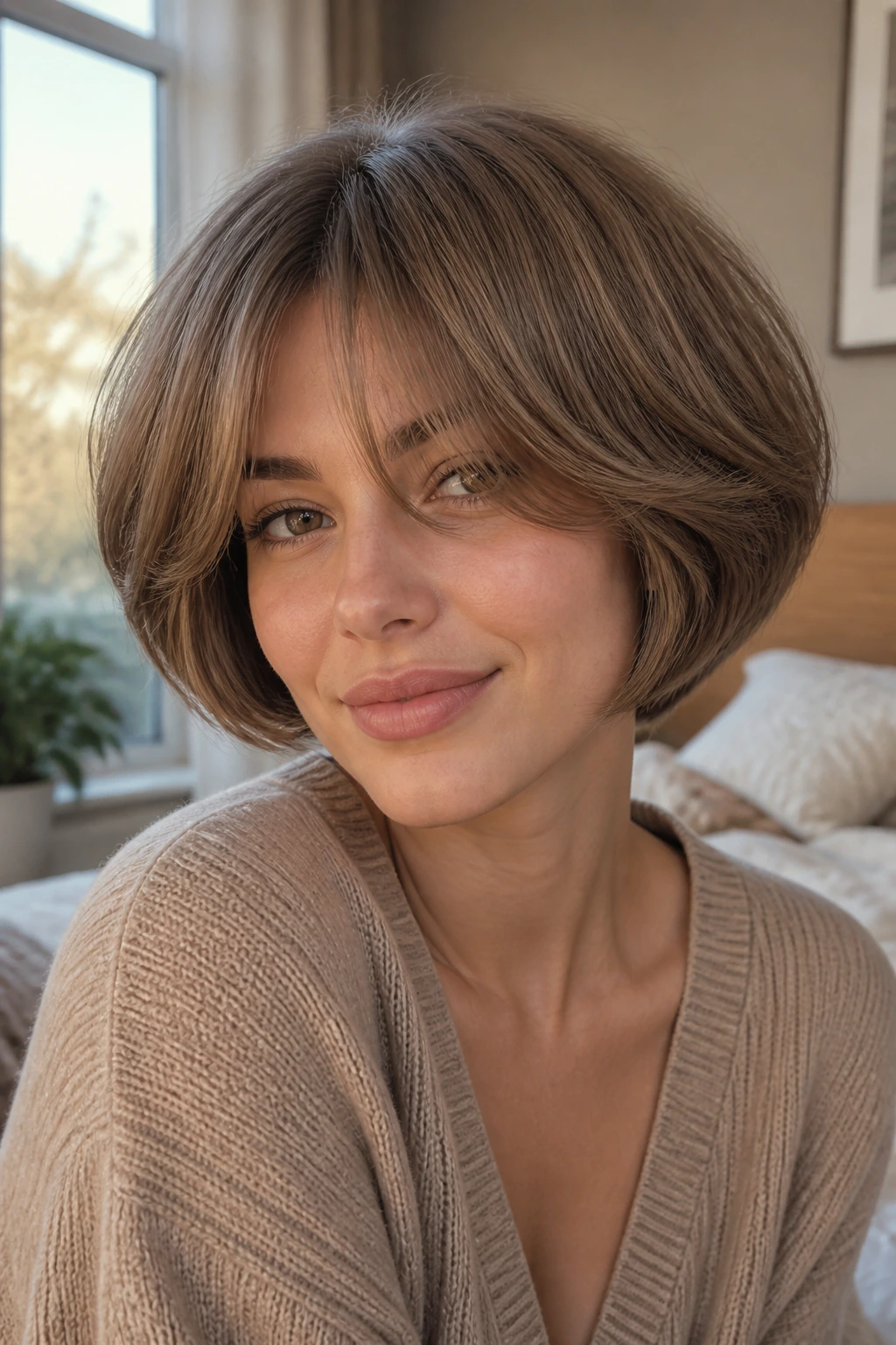 Close-up of a real woman with a rounded mushroom bob halo shape and curtain bangs in soft morning light
