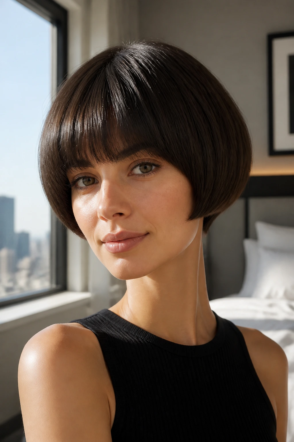 Close-up of a woman with a rounded mushroom bob in a bright hotel room.