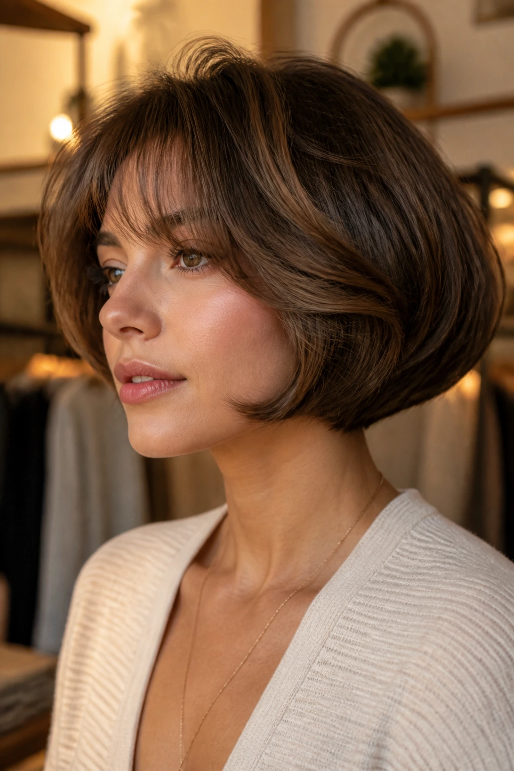 Close-up of a real woman with a rounded mushroom bob creating a halo silhouette