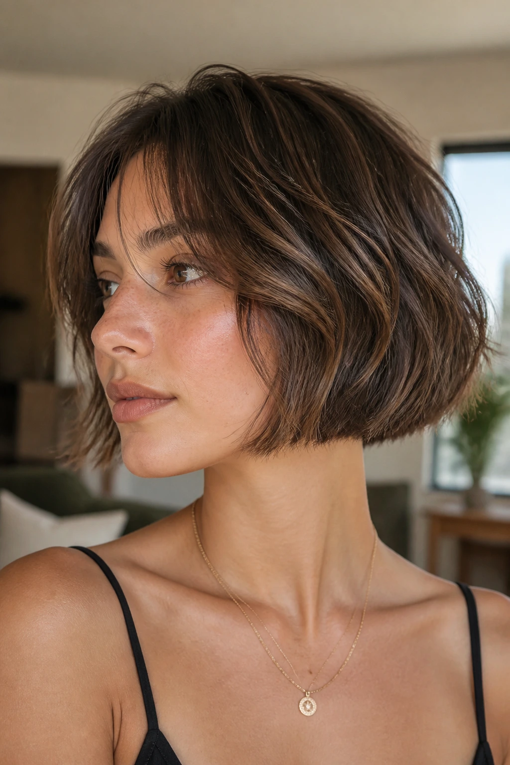 Portrait of a real woman with rounded mushroom bob and wispy bangs in soft light