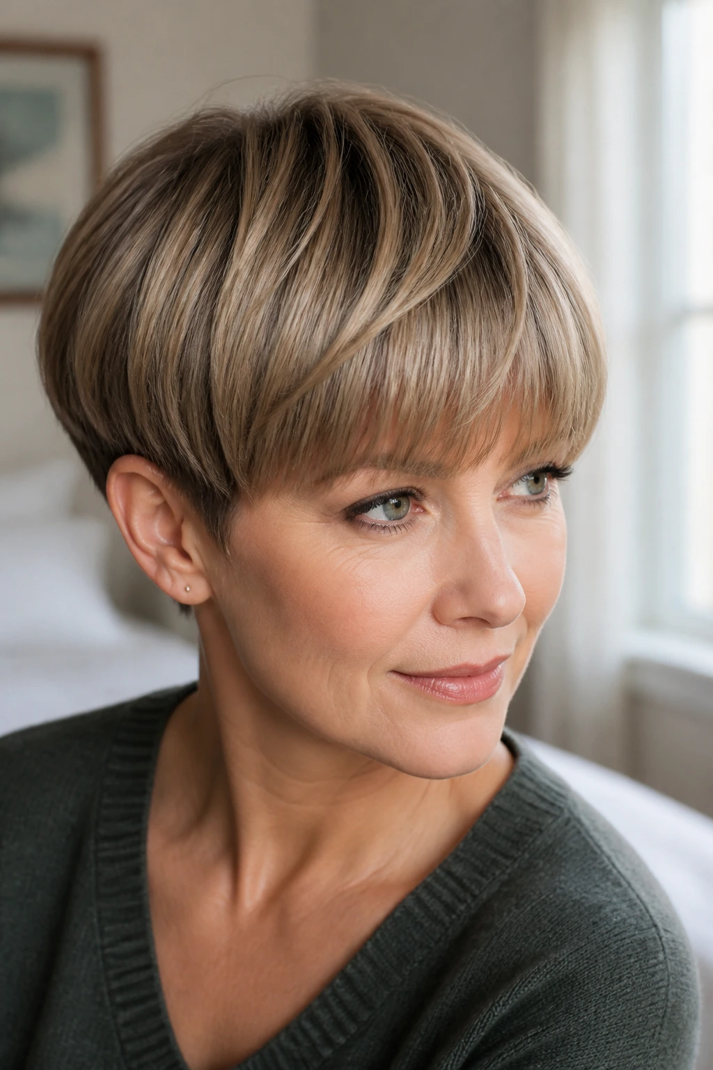 Real woman wearing a rounded mushroom pixie hairstyle in natural light.