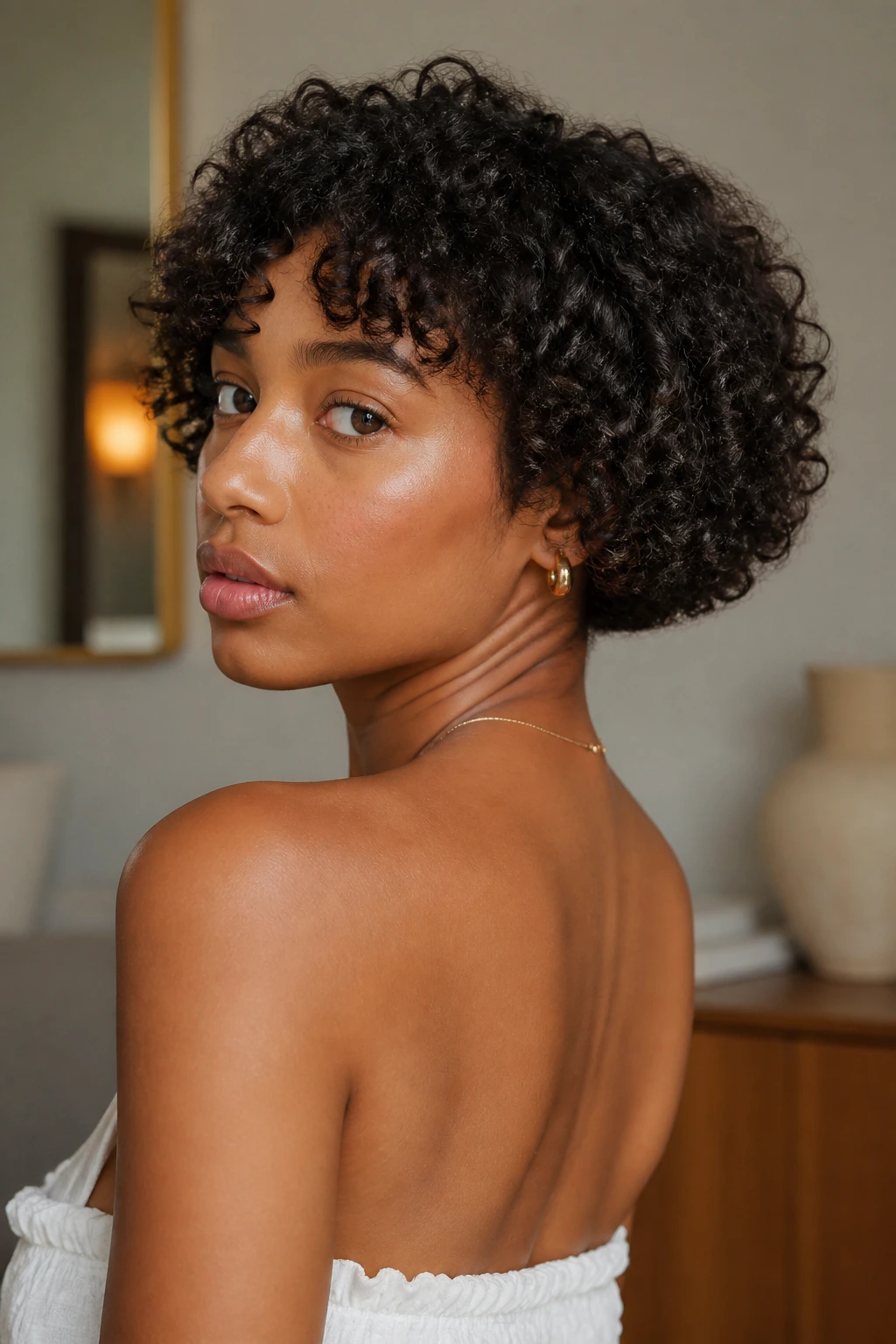 Close-up of a real person with a rounded nape-length bob in a minimal interior