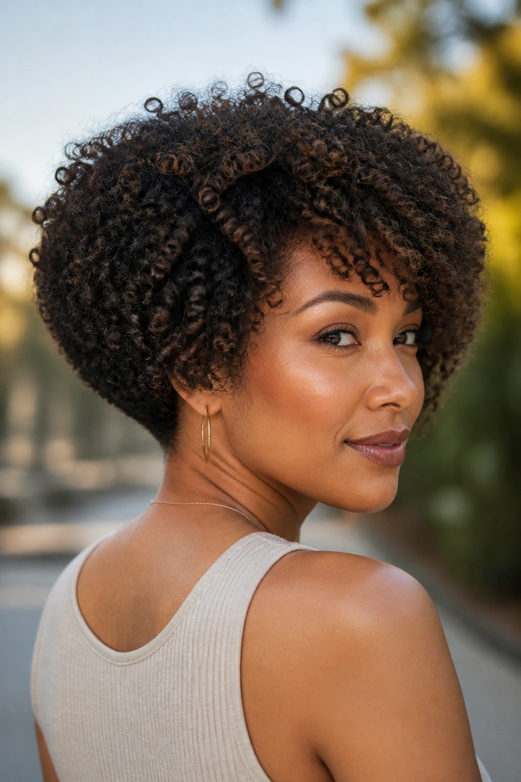 Portrait of real woman with rounded nape inverted stack and full front hairstyle
