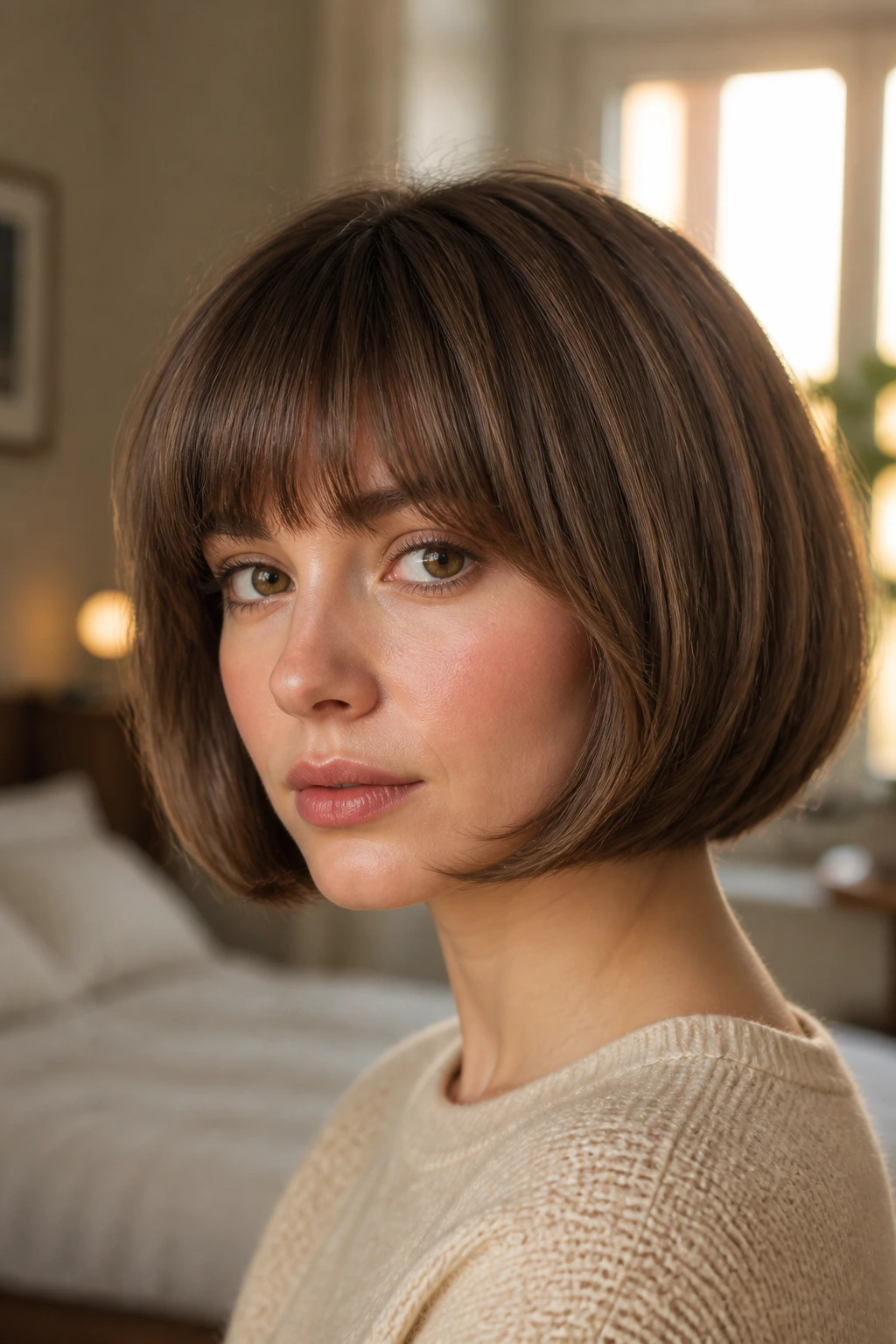 Close-up of chin-length rounded pageboy with curved ends on real person by window light