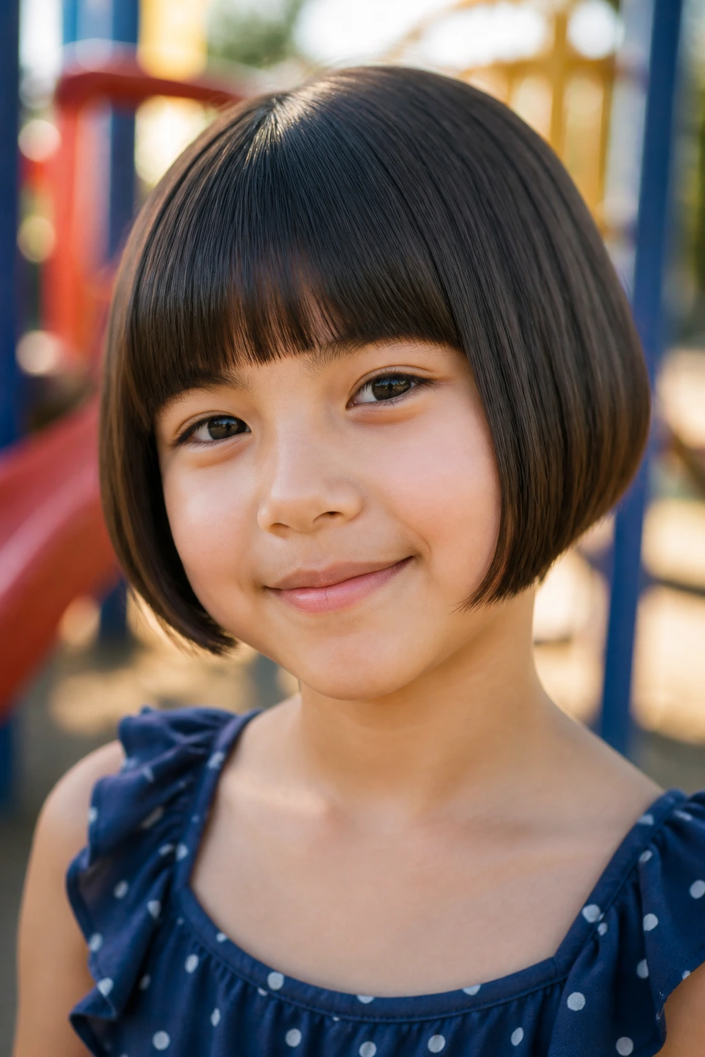 Portrait of a real child with rounded pageboy haircut at a playground
