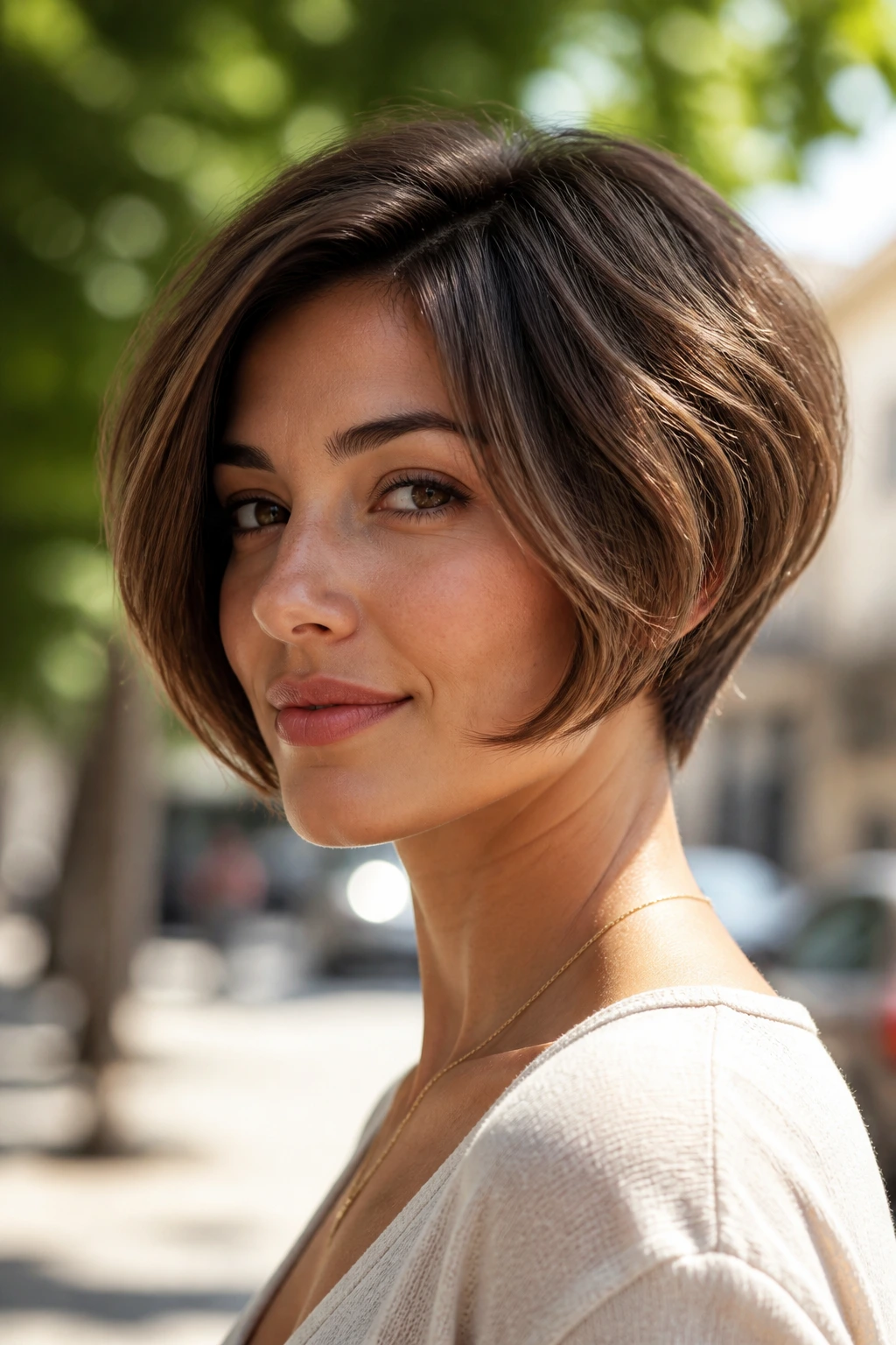Close-up of a woman with a rounded pixie-bob hybrid hairstyle in sunlight