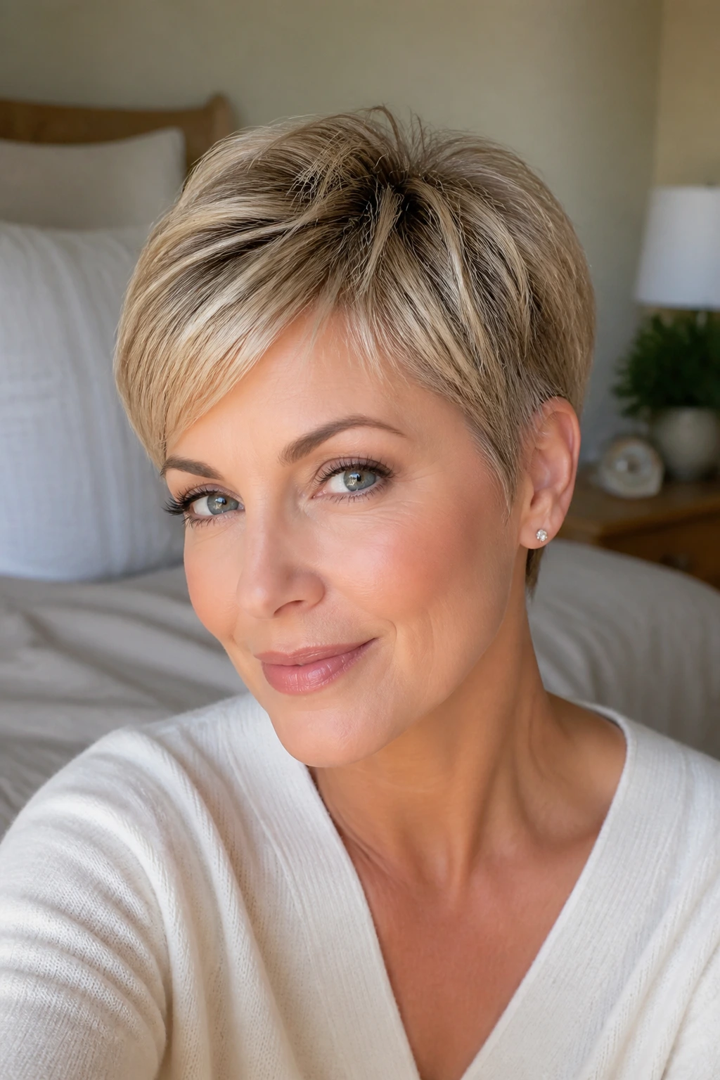 Real woman with rounded pixie hairstyle showing dome at crown.
