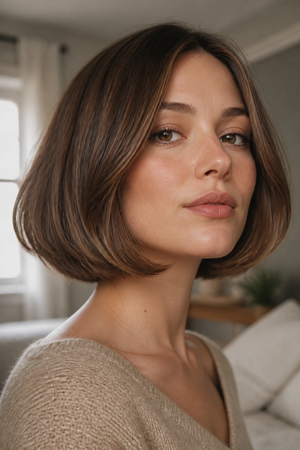 Close-up of a real woman with a rounded razor-cut bob
