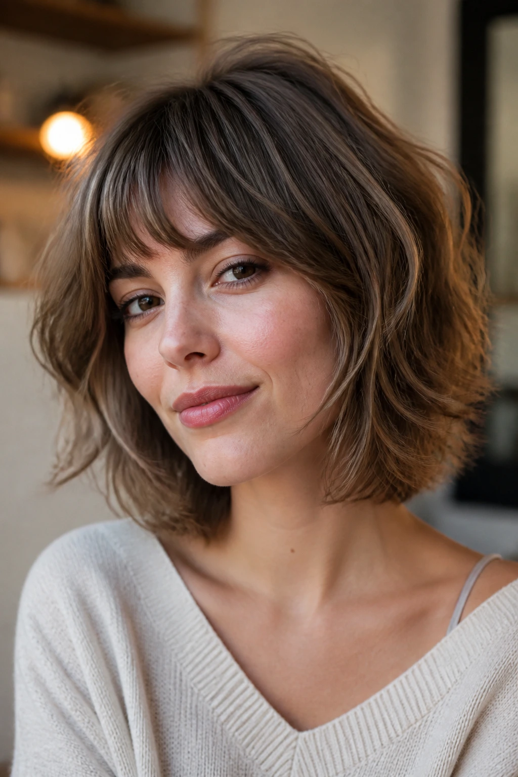 Portrait of woman with rounded shag haircut and soft, rounded silhouette.