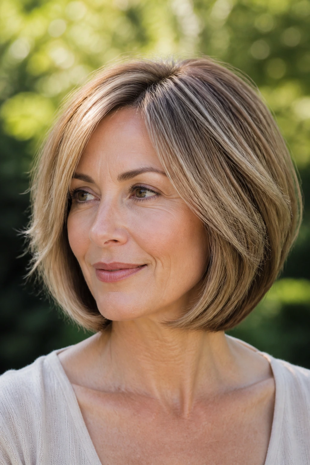 Close-up of a woman with rounded soft-layered bob in a sunny garden