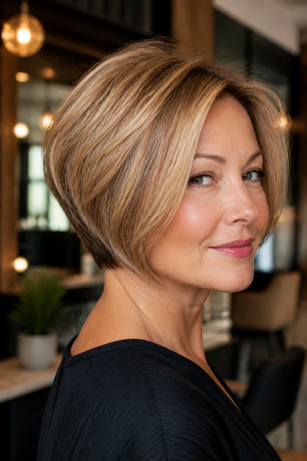 Close-up of a woman with a rounded stacked bob showing crown volume