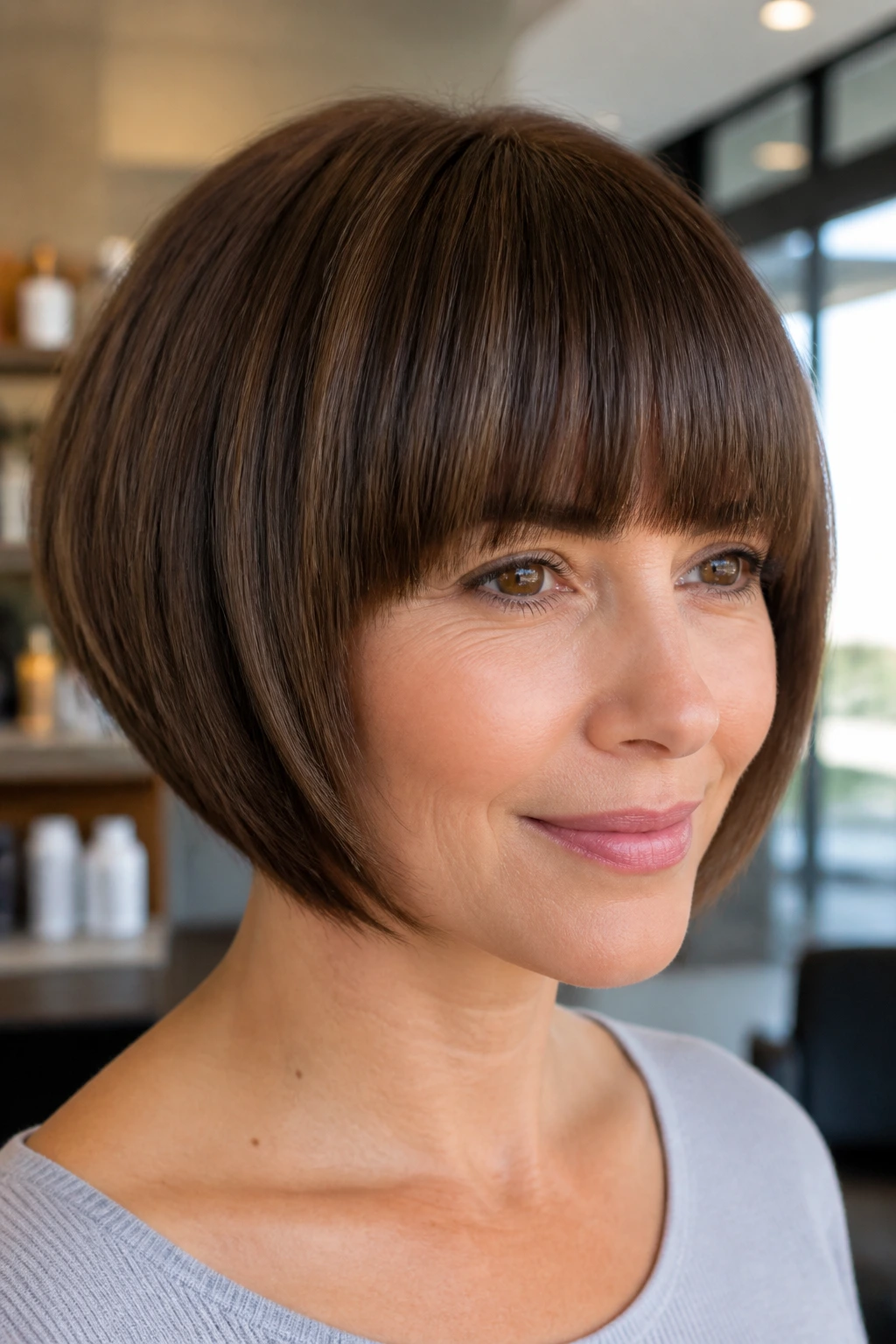 Portrait of a real woman with a rounded stacked bob and blunt bangs in a bright salon.