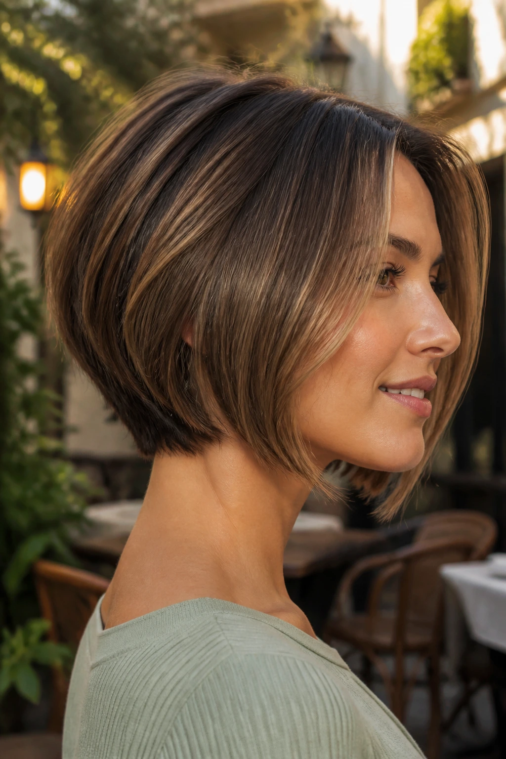 Portrait of a real woman with rounded stacked lob hairstyle outdoors at golden hour