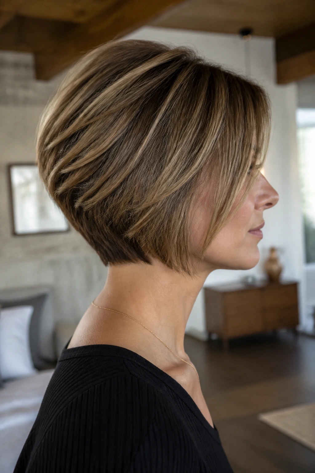 Close-up side profile of a real woman with a rounded stacked lob.