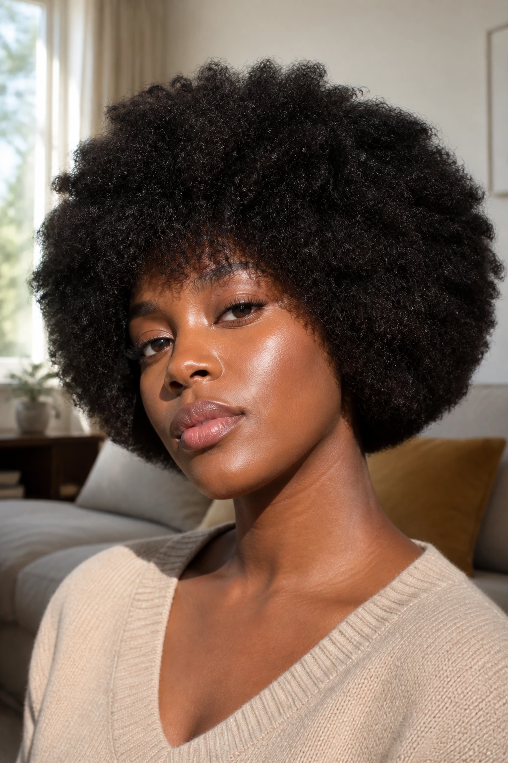 Close-up of a real woman with a rounded volume bob under natural window light