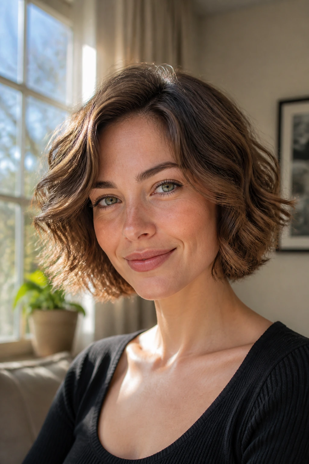 Close-up of a real woman with a rounded wavy bob by a sunlit window