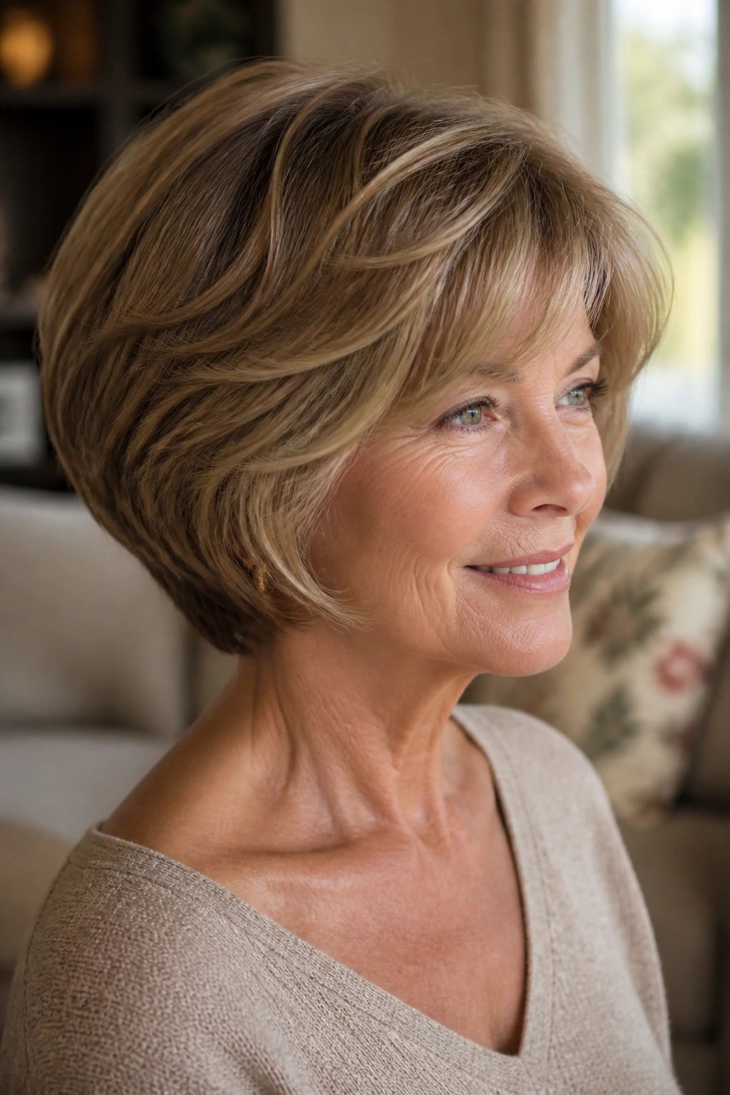 Close-up of a real woman with a wedge and rounded layers under warm window light