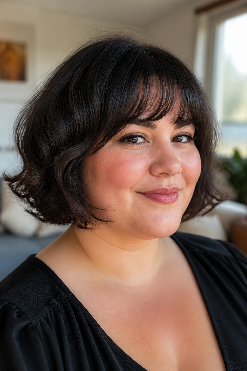 Portrait of a woman with a rounded weightless bob and wispy fringe