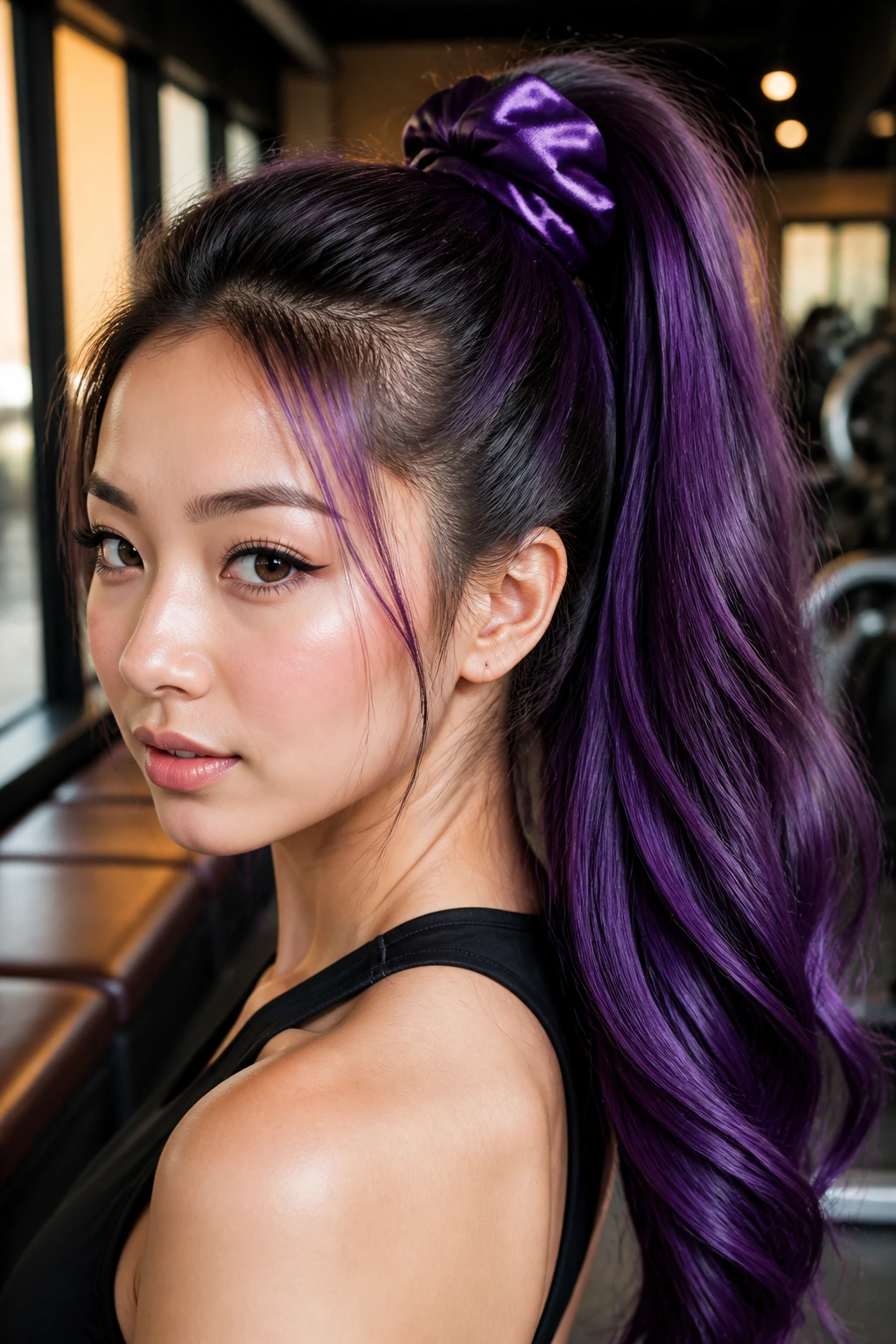 Close-up of a real Asian woman's head showing a royal purple high ponytail with glossy, cascading strands