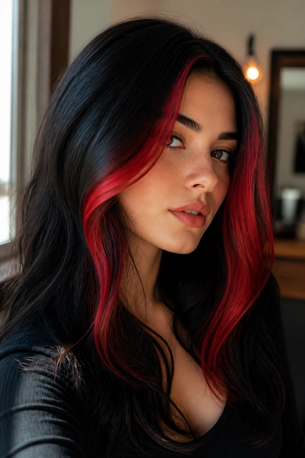 Close-up of a real person with jet black hair and ruby face-framing highlights.