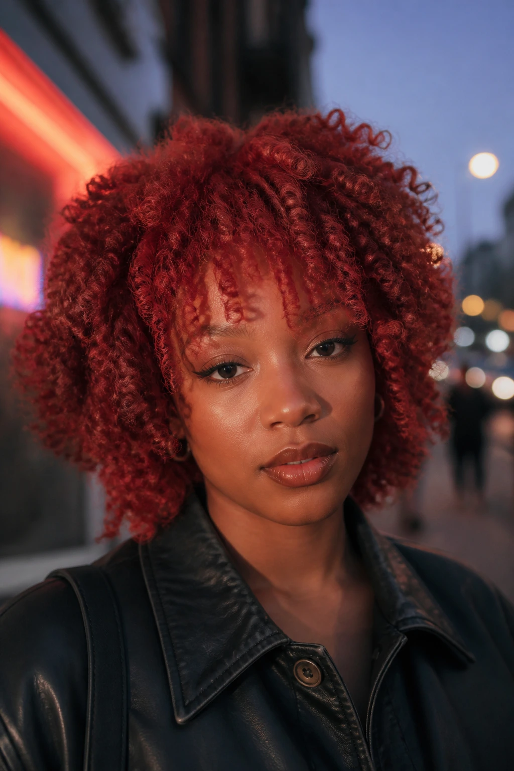 Woman with ruby red bantu knot-out and wispy bangs on city sidewalk at dusk.