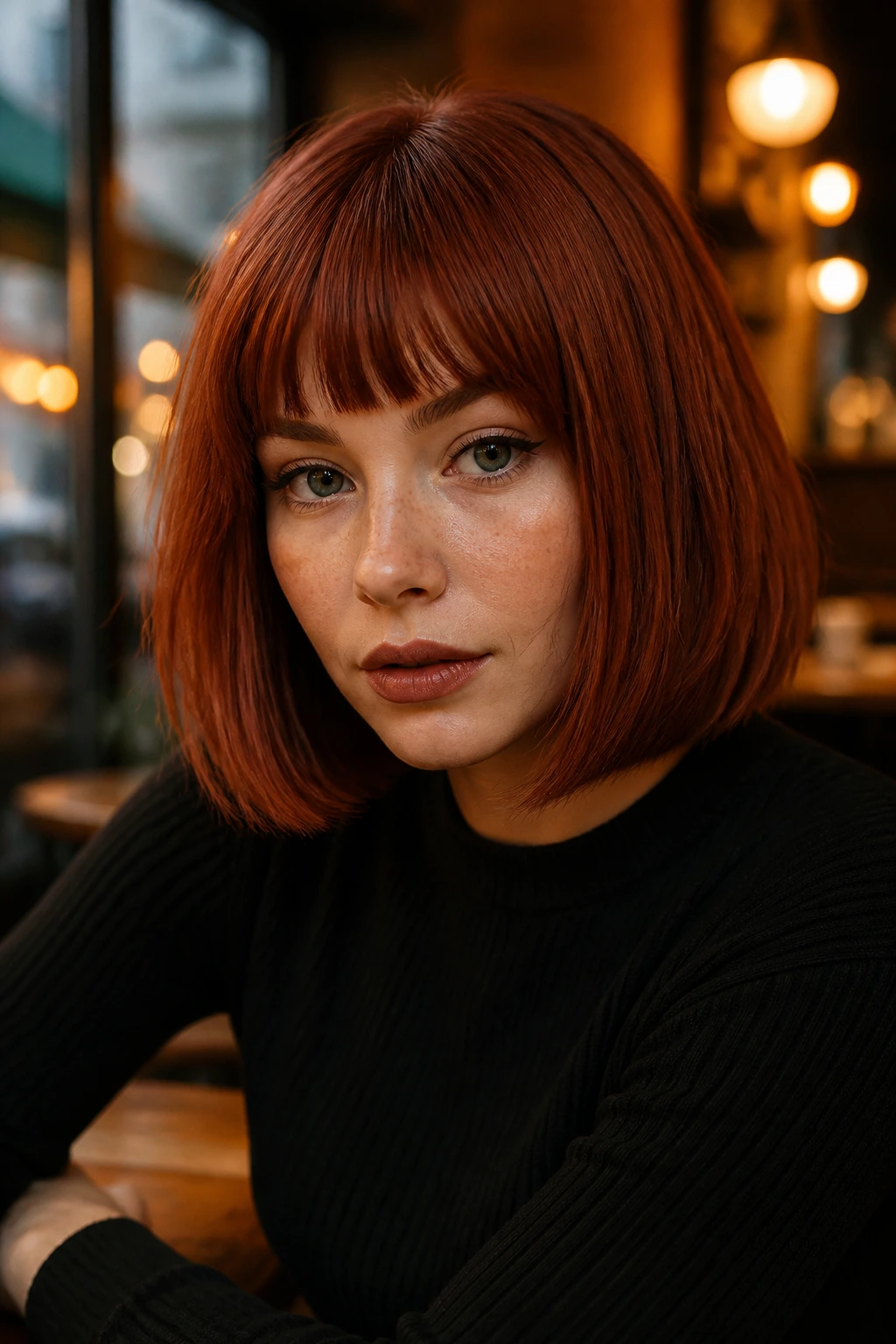 Close-up of a real person with rusty iron red blunt bob