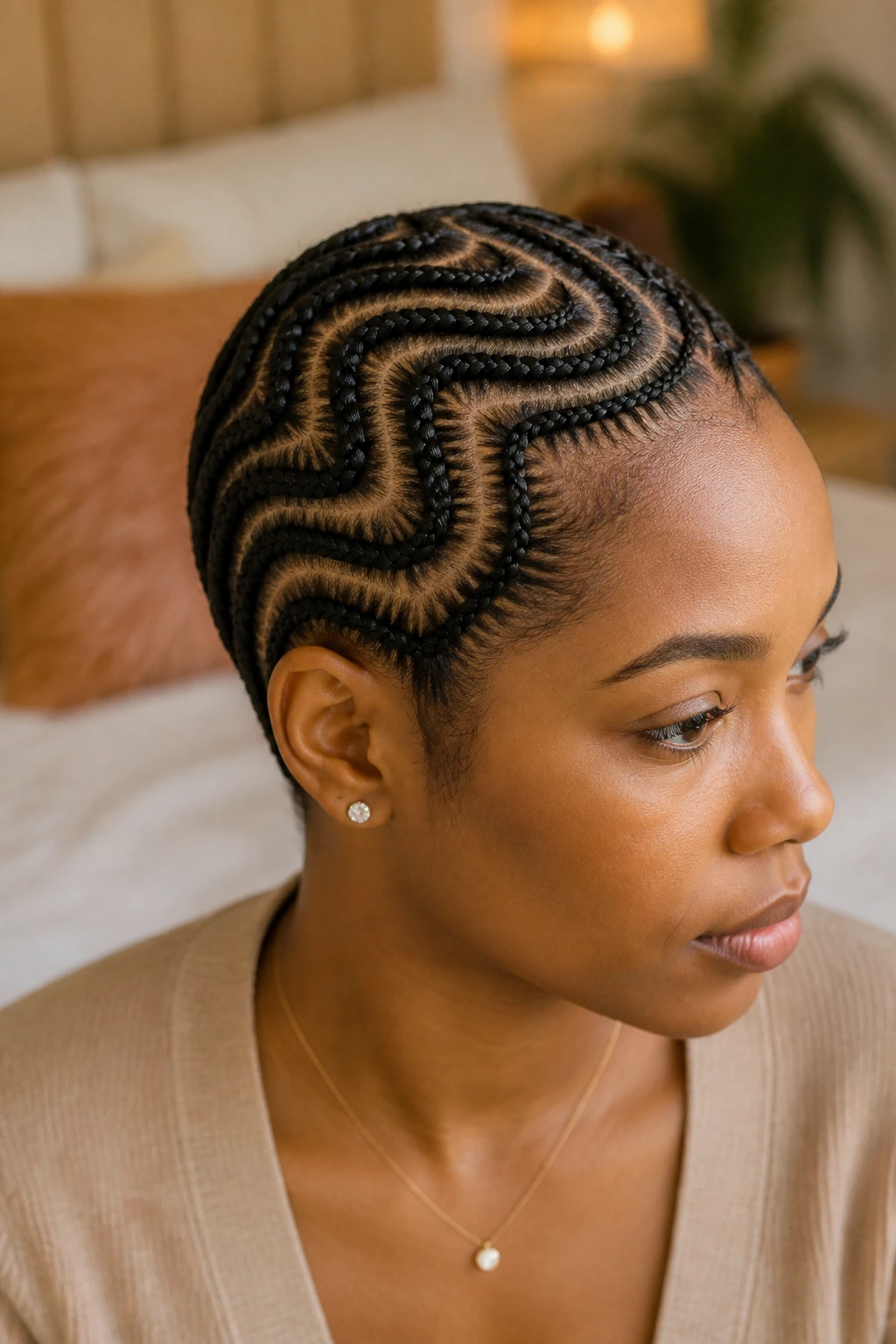 Real woman with S-curve crochet braids on short hair in a softly lit bedroom.