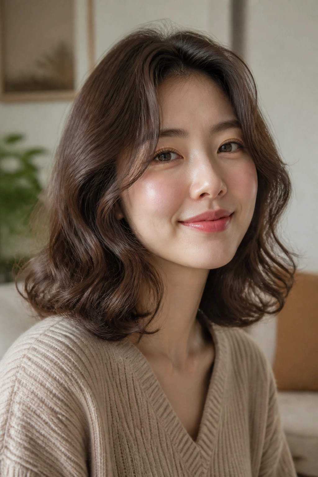 Close-up portrait of a real woman with mid-length S-shaped waves