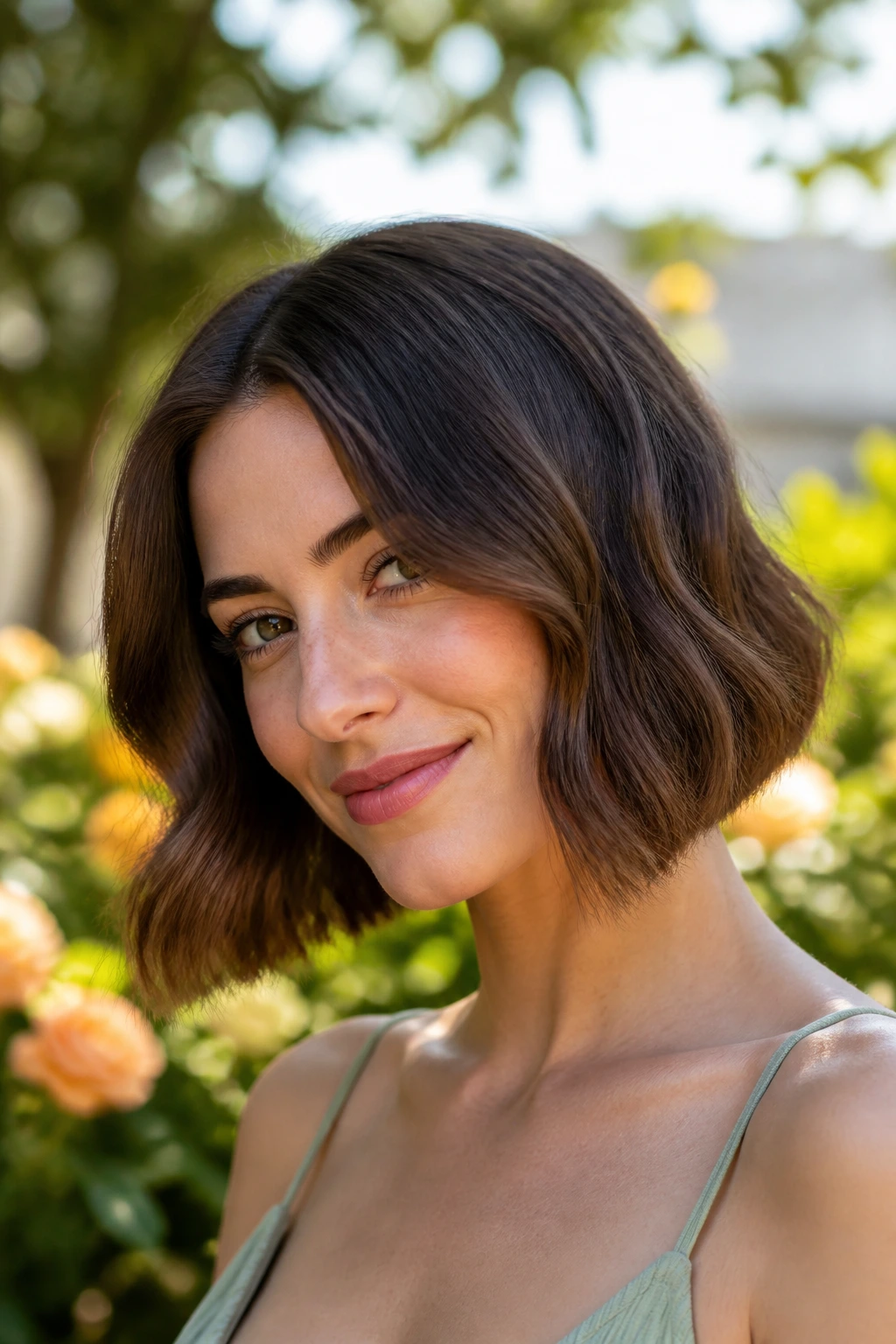 Close-up of a real woman with an S-wave bob in natural garden light.