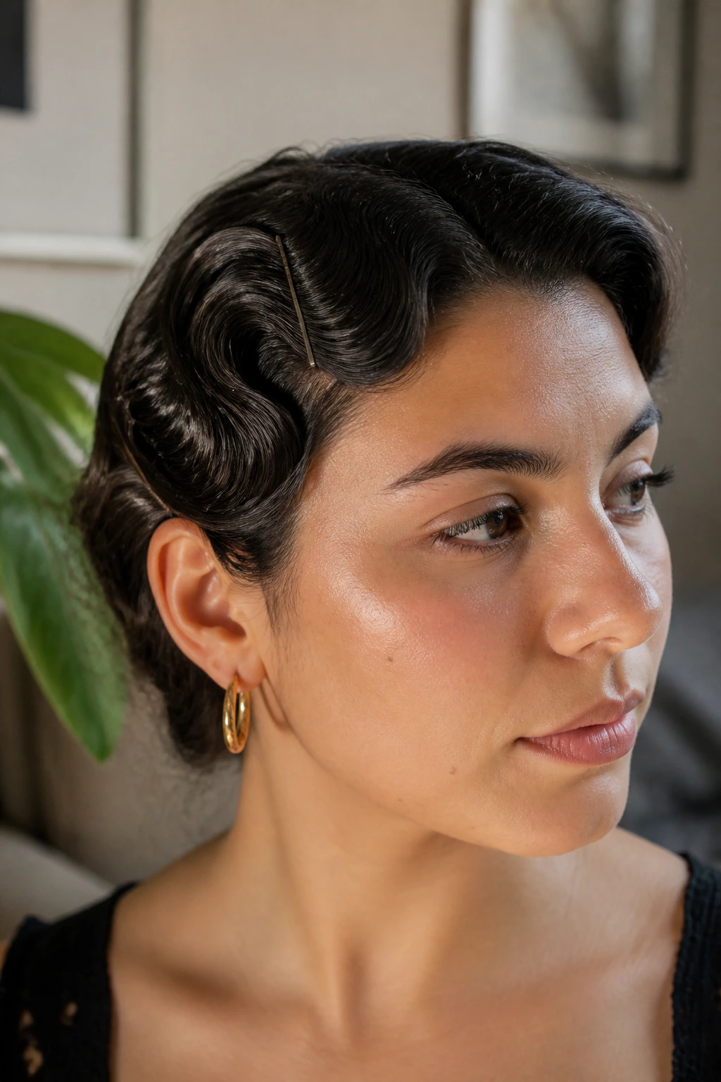 Close-up of a real woman with an S-wave pin curl along the temple